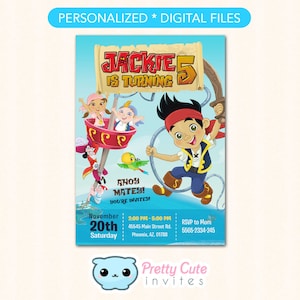 Può includere: Un invito di compleanno blu e verde con un personaggio pirata dei cartoni animati dello show Jake e i Pirati dell'Isola che non c'è. L'invito dice "Jackie compie 5 anni" e include il testo "Ahoy Mates! You're Invited!" L'invito include anche la data e l'ora della festa, l'indirizzo e le informazioni RSVP.