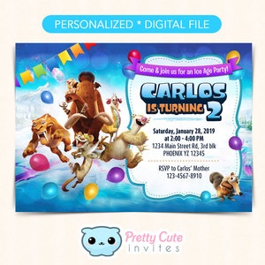 May include: A blue and white birthday invitation featuring characters from the Ice Age film. The invitation says "Carlos is turning 2" and includes the date, time, and location of the party. RSVP information is also included.