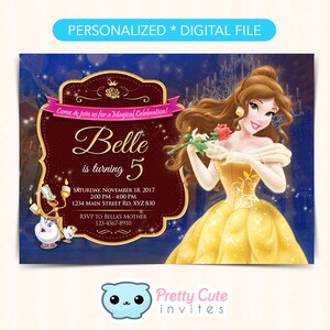 Invitación de la Bella y la Bestia, la invitación de la Princesa Bell Beauty and the Beast Birthday, la invitación de la princesa Belle, la invitación de la princesa