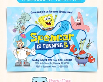Spongebob invitation, Spongebob Birthday invite, Spongebob party invite, 5x7 invitation