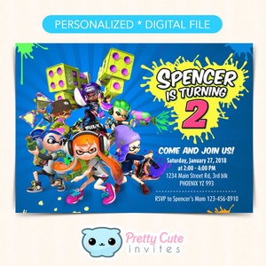 May include: A blue and yellow birthday invitation with a cartoon image of characters from the video game Splatoon. The invitation says "Spencer is turning 2" and includes the date, time, and location of the party. RSVP information is also included.