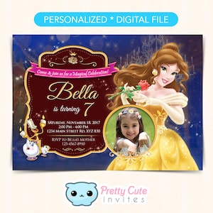 Bellezza e l'invito di bestia con foto, la bellezza e l'invito di Compleanno beasty, invito Principessa Belle, principessa invito