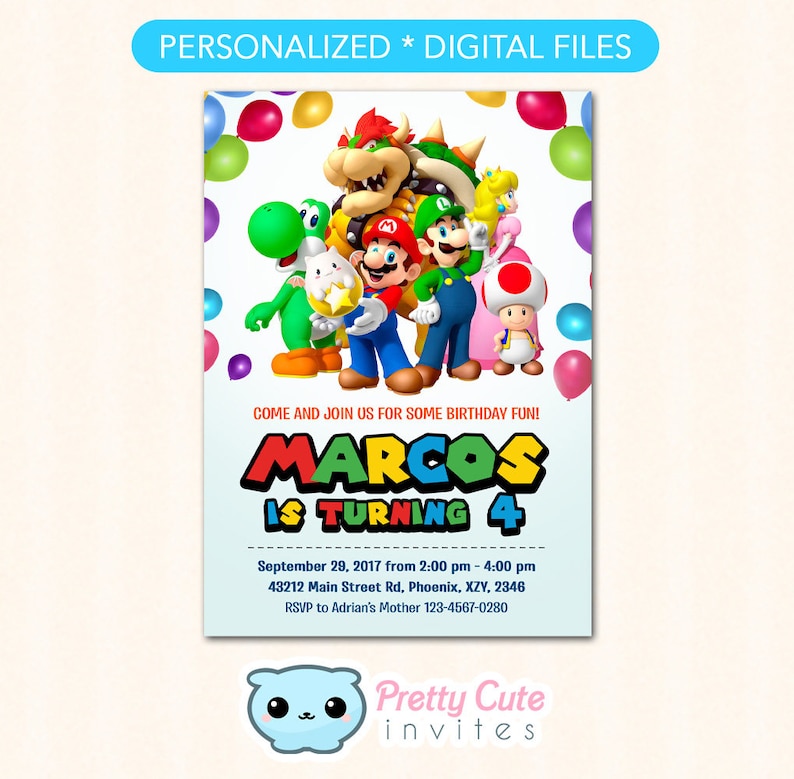 Op de afbeelding: Een kleurrijke verjaardagsuitnodiging met personages uit de Super Mario-videogameserie. De uitnodiging luidt "Marcos wordt 4" en bevat de datum, tijd en locatie van het feest. RSVP-informatie is ook inbegrepen.