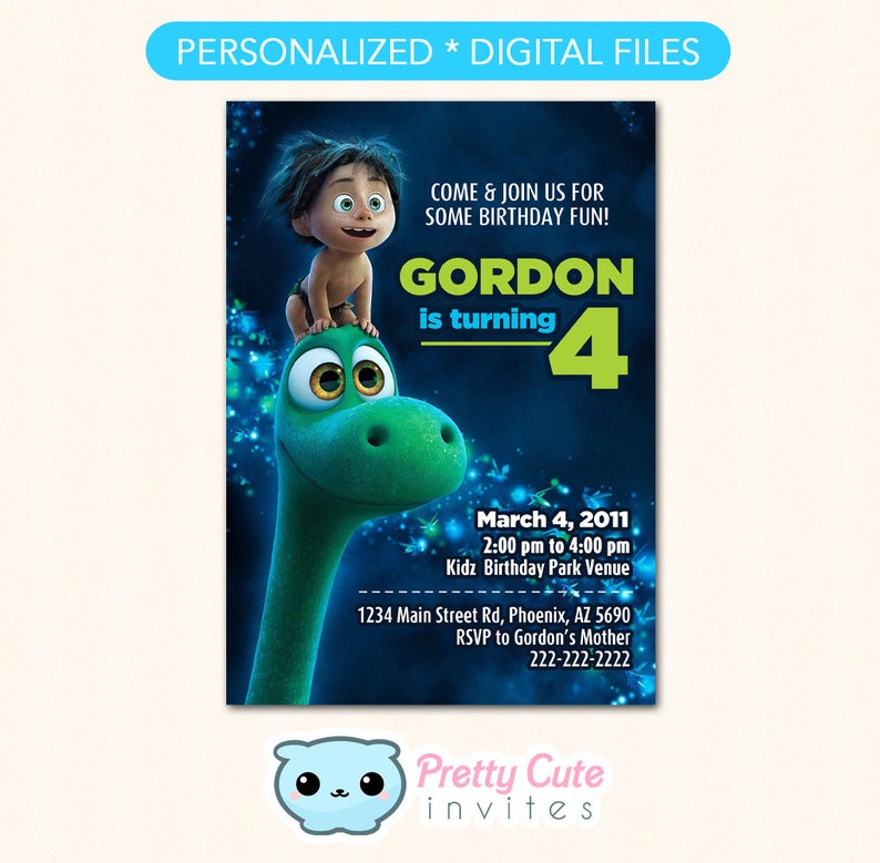 May include: A birthday invitation featuring a cartoon dinosaur and a boy. The invitation is for Gordon's 4th birthday party. The party is on March 4, 2011, from 2:00 pm to 4:00 pm at Kidz Birthday Park Venue. The address is 1234 Main Street Rd, Phoenix, AZ 5690. RSVP to Gordon's Mother at 222-222-2222.