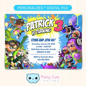 Puede incluir: Una invitación de cumpleaños azul y verde con un personaje de dibujos animados del videojuego Splatoon. La invitación dice "Patrick cumple 3 años" e incluye la fecha, la hora y el lugar de la fiesta. La invitación también incluye el texto "RSVP a la mamá de Patrick" y un número de teléfono.