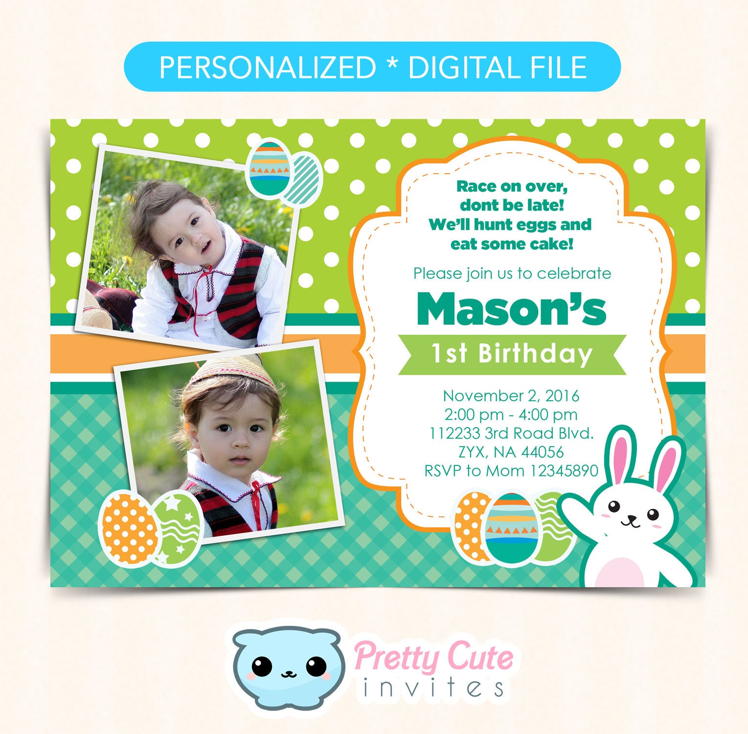 Easter Egg Invitation with photo, Easter Bunny photo invitation, Easter Egg and bunny photo invitation,  Easter Egg printables
