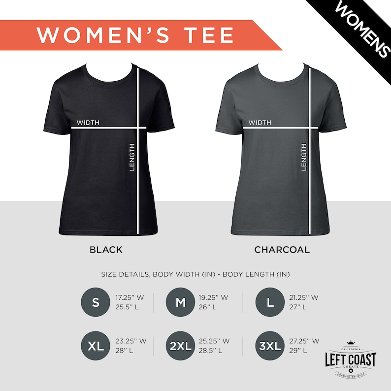 May include: Size chart for a women's tee shirt in black and charcoal. The chart shows the width and length measurements in inches for sizes S, M, L, XL, 2XL, and 3XL.