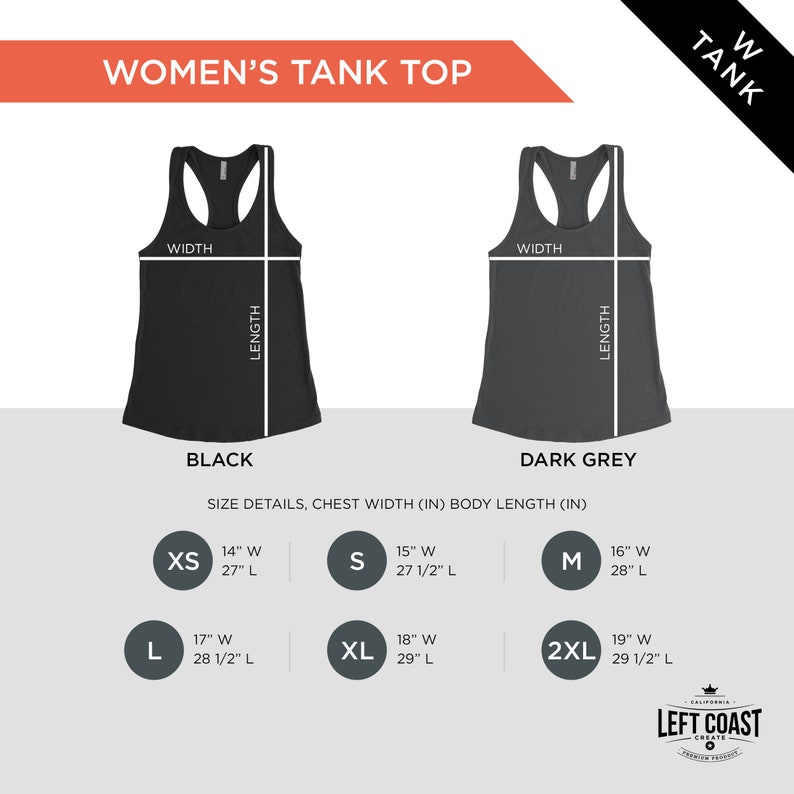 May include: Size chart for a women's tank top in black and dark grey. The chart shows the chest width and body length in inches for sizes XS, S, M, L, XL, and 2XL.