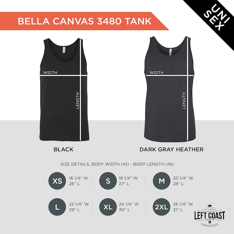 May include: Bella Canvas 3480 tank top size chart showing measurements in inches for sizes XS, S, M, L, XL, and 2XL. The chart shows the width and length of the tank top in black and dark gray heather.