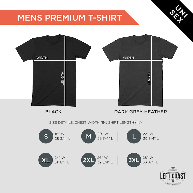 May include: Size chart for a unisex t-shirt in black and dark grey heather. The chart shows chest width and shirt length in inches for sizes S, M, L, XL, 2XL, and 3XL.