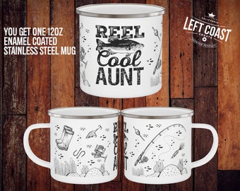 Reel Cool Aunt White Enamel Camping Mug / Taza de campamento para viaje de pesca / Taza de café familiar a juego