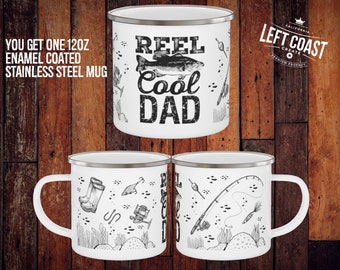 Reel Cool Dad White Enamel Camping Mug / Taza de campamento para viaje de pesca / Taza de café familiar a juego