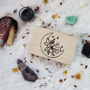 Pre-built or Hand-built Floral Moon Wooden Box, Tarot Oracle Card Box, Jewelry Box, Metaphysical Storage Box, Crystal Gem Box, Rock Box