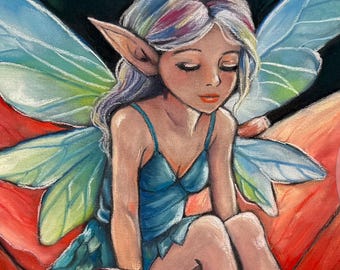FAE FLOWER, Original Soft Pastel Art 8x10" Sanded Paper, Fairy Fantasy Art