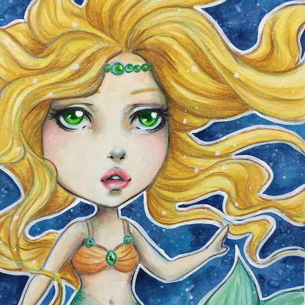 Mer-May, ORIGINAL Mixed Media on 6x8" 140lb Paper, Mermaid, Chibi Mermaid, Watercolor
