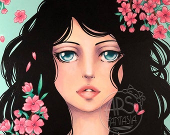 BLOSSOMS, Original Mixed Media Art on 12 X 16" Illustration Board, Whimsical Portrait