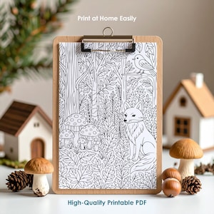 Printable forest coloring page on clipboard, easy home printing, instant download PDF