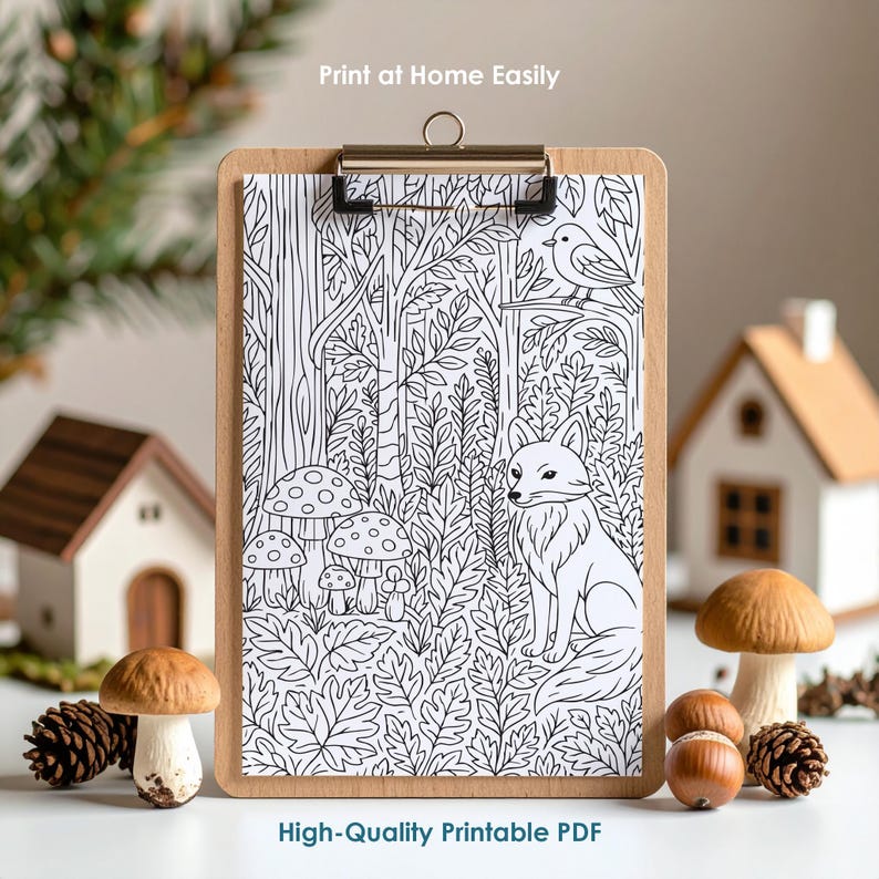 Printable forest coloring page on clipboard, easy home printing, instant download PDF