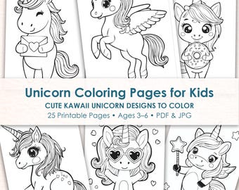 Dibujos para colorear de unicornios para niños, ponis kawaii para imprimir, libro para colorear de fantasía fácil en PDF