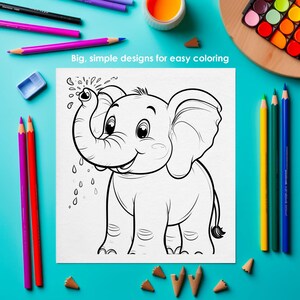 Elephant coloring page for kids, simple large design, beginner friendly printable coloring sheet
