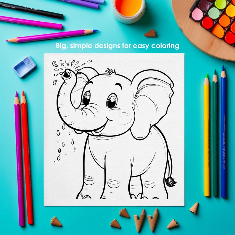 Elephant coloring page for kids, simple large design, beginner friendly printable coloring sheet
