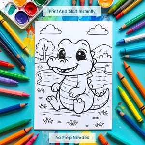 crocodile coloring page for kids, cute animal printable worksheet, preschool coloring activity sheet
