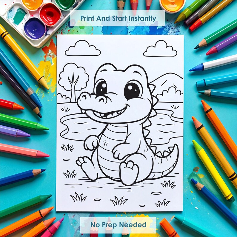 crocodile coloring page for kids, cute animal printable worksheet, preschool coloring activity sheet