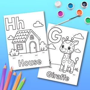 Two coloring pages with the letters "Hh" and "G" and the words "House" and "Giraffe". The house and giraffe are outlined in black. Paint pots and colored pencils are also in the image.