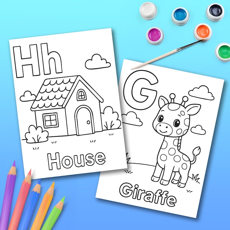 Two coloring pages with the letters "Hh" and "G" and the words "House" and "Giraffe". The house and giraffe are outlined in black. Paint pots and colored pencils are also in the image.