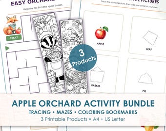 Apple Orchard Activity Bundle for Kids, Preschool Tracing Worksheets, Fall Mazes and Coloring Bookmarks