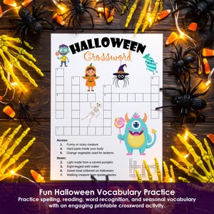 Printable Halloween word puzzle with spooky clues, skeletons, spiders and candy corn on a dark festive table.