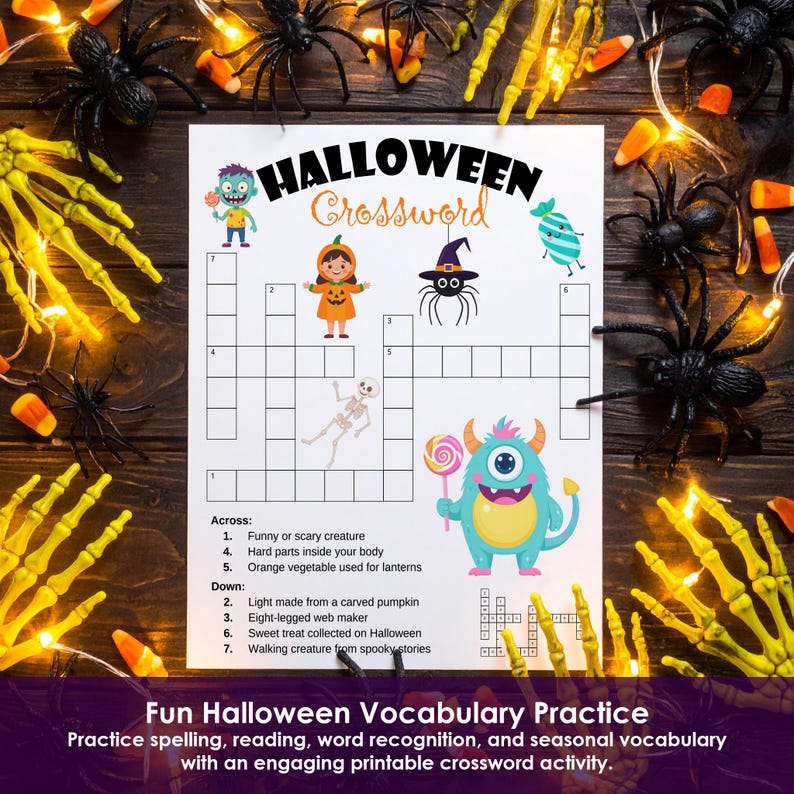 Printable Halloween word puzzle with spooky clues, skeletons, spiders and candy corn on a dark festive table.