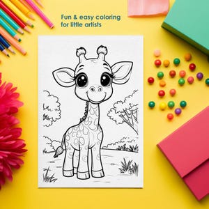 Giraffe coloring page for kids, fun and easy zoo animal printable, big shapes for toddlers