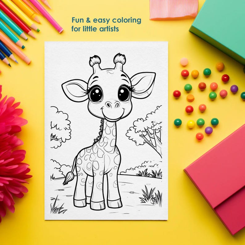 Giraffe coloring page for kids, fun and easy zoo animal printable, big shapes for toddlers