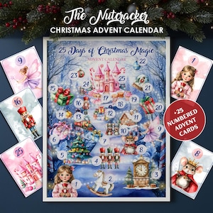 Nutcracker Advent Calendar Printable, 25-Day Christmas Countdown with Matching Cards & Gift Tags, Watercolor
