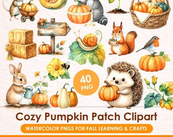 Pumpkin Patch Clipart PNG, 40 Watercolor Fall Animals, Pumpkin Life Cycle & Preschool Learning Graphics