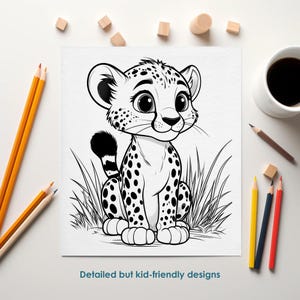 Leopard coloring page for kids, detailed but easy animal line art, printable zoo coloring sheet