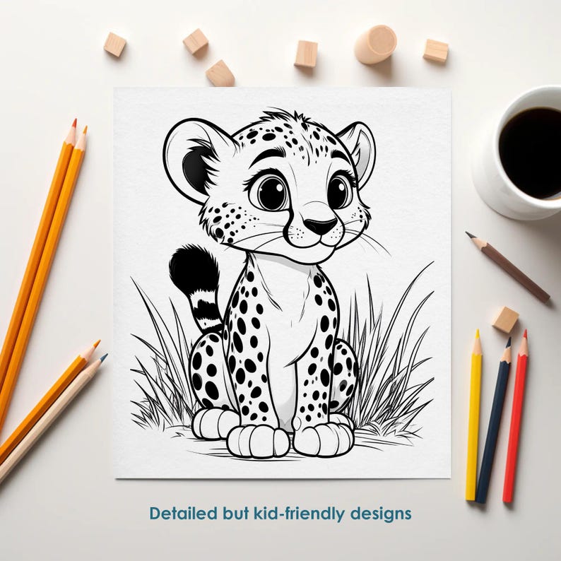 Leopard coloring page for kids, detailed but easy animal line art, printable zoo coloring sheet