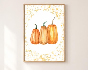 Pumpkin Wall Art Printable, Watercolor Fall Kitchen and Nursery Decor, Autumn Pumpkin Print