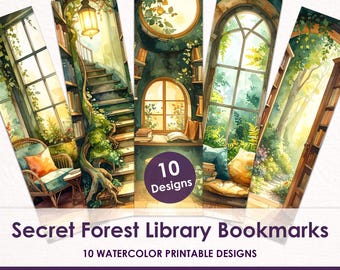 Secret Forest Library Printable Bookmarks: 10 Watercolor Reading Nooks