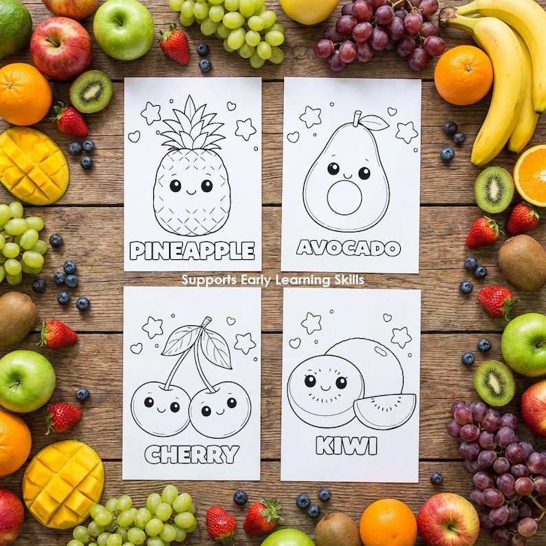 multiple fruit coloring pages printable set, educational kids coloring sheets with fruits, pineapple avocado cherry kiwi coloring pages, fruit printable worksheets for kids learning