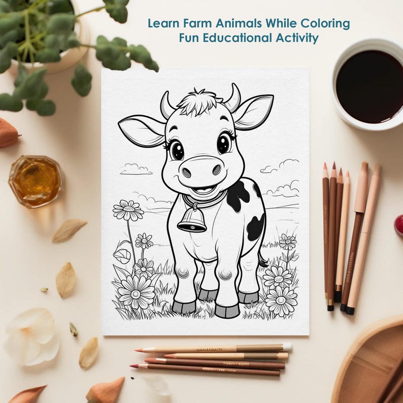 Cow coloring page printable for kids, farm animal learning activity, cute and easy coloring sheet