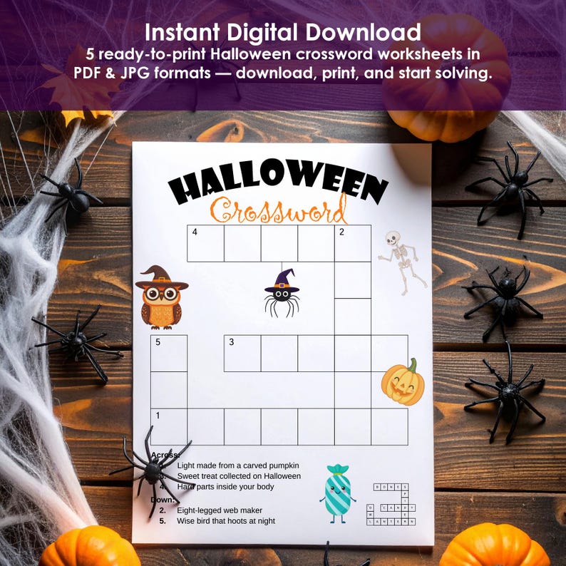 Halloween crossword worksheet on a rustic table with pumpkins, spiders and cobwebs, shown as a printable activity.