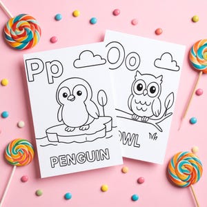 Two white coloring pages with the letters "Pp" and "Oo" and illustrations of a penguin and an owl. The word "PENGUIN" is below the penguin. Colorful lollipops and candies are scattered on a pink background.