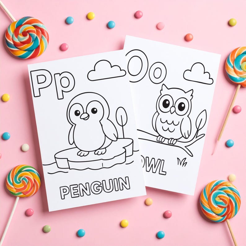 Two white coloring pages with the letters "Pp" and "Oo" and illustrations of a penguin and an owl. The word "PENGUIN" is below the penguin. Colorful lollipops and candies are scattered on a pink background.
