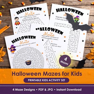 Halloween Mazes for Kids Printable, 4 Maze Worksheets, Classroom Party Activity, PDF JPG Instant Download