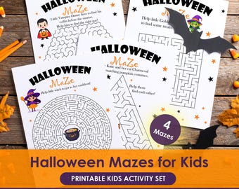 Halloween-Labyrinthe für Kinder zum Ausdrucken, 4 Labyrinth-Arbeitsblätter, Aktivität für die Klassenparty, PDF/JPG-Sofortdownload
