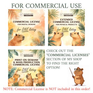 May include: Image featuring commercial license options for digital designs, physical products, and print-on-demand. Each license is "for ONE listing" and includes illustrations of capybaras. Text encourages viewers to check the shop for the right option.