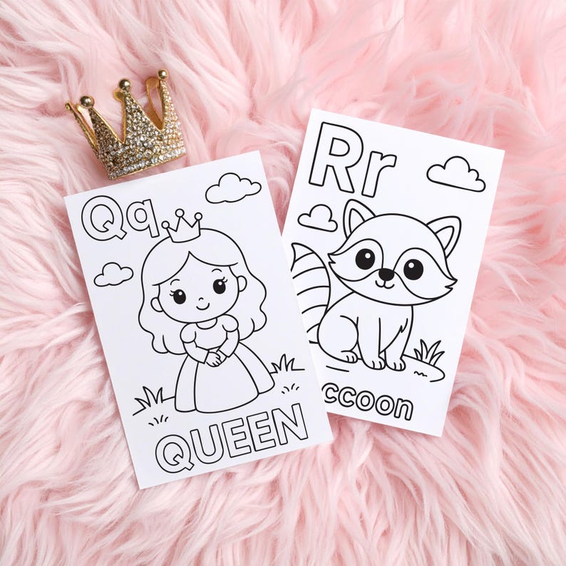Two coloring pages with the letters "Qq" and "Rr" and corresponding illustrations of a queen and a raccoon. The word "QUEEN" is printed below the queen illustration. A gold crown sits above the pages.