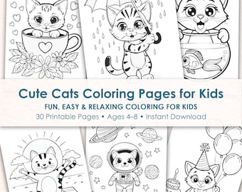 Kawaii Cats Coloring Book for Kids, 30 Easy Animal Printable Coloring Pages, Preschool Activity